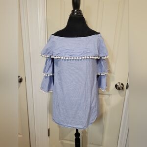 Forever 21 Blue & White Striped Off-the-Shoulder Pom Pom Mini Dress  Tunic Med